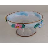 An opalescent glass pedestal bowl decorated with five applied glass flowers and gilt rim 18cm