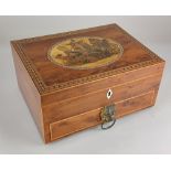 A 19th century parquetry inlaid sewing box, the hinged lid with printed central panel of classical