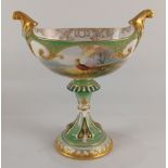A Royal Worcester Hadley Ware porcelain pedestal vase or sweetmeat dish decorated with pheasants and