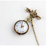 A lady's gold cased enamelled and rose diamond set keyless wind open faced pendant fob watch, fitted