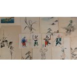 Four Japanese paintings on rice paper depicting male and female figures in various poses, each