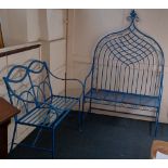 Two Regency style metal garden benches, both two-seat with blue paint work, one with double arched