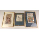 Three Persian manuscript illustrations including King Solomon enthroned with his courtiers,with