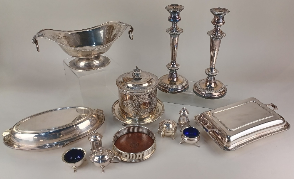Silver plated tableware to include a pair of baluster candlesticks with urn sconces and removable