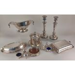 Silver plated tableware to include a pair of baluster candlesticks with urn sconces and removable