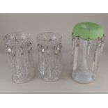 A pair of cut glass table lustres 25cm high, together with an opaline green and white glass table