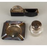 A modern silver ashtray Birmingham 1966, silver topped dressing table bottle and a cased sterling