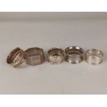 Five various silver serviette rings, one insribed 'Jane', 2.1oz