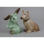 A Sylvac figure of lop eared rabbit model no. 1302, 14cm and a Sylvac model of a terrier, 12.5cm