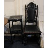 A Victorian carved dark oak two-tier side table height 78cm and a similar style high back chair (a/