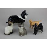 A Beswick figure of a black and white collie dog, 117cm a Poodle and Golden Labrador, a Siamese