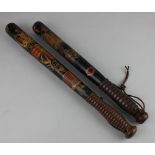 A Victorian painted and turned wooden truncheon dated 1848 44.5cm, together with a painted and a