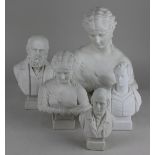 Three Robinson & Leadbeater parian ware busts of Burns, Salisbury and Clytie after C Delpech,