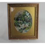 Victorian school, still life of bird's nest and blossom, watercolour, unsigned, in oval mount,