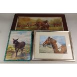 20th century school, three equestrian paintings comprising G M Downes, donkey, watercolour, signed