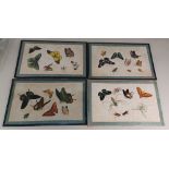 Four Chinese paintings of butterflies and insects on rice paper (three framed) 29cm by 17.5cm (a/f)