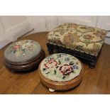 Two Victorian tapestry covered circular stools and a carved rectangular stool, 36cm