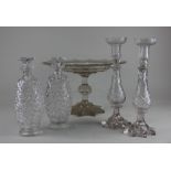 A pair of cut glass decanters oval shape with stoppers, 25cm, a pair of cut glass baluster shaped