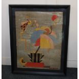 A framed Art Deco style collage, mixed media on metallic ground, unsigned, 61cm by 47cm