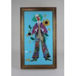 Two framed embroidery and needlework panels depicting clowns, both initialled and dated 80 and 82,