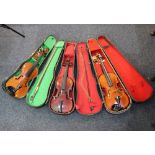 Three various violins, cased (a/f)