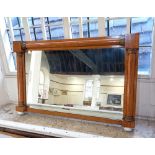 A Victorian maple rectangular overmantle mirror with brass capped column surround, 90cm