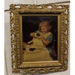 After Arthur J Elsley, a chrystoleum of a girl with dog, 'Wait a minute!', 23cm by 18.5cm, in