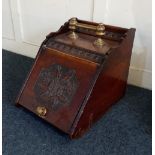 A Victorian coal scuttle with carved sloping front enclosing metal liner, brass carry handle, 45cm