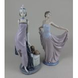 A Lladro porcelain figure of a dancer 31cm and another of a woman in 1930's attire, 35cm