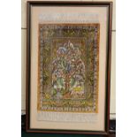 A framed miniature rug decorated with birds and animals amongst a tree 69cm by 39cm