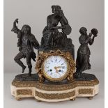 A 19th century French marble, ormolu and bronze figural mantle clock, the circular enamel dial