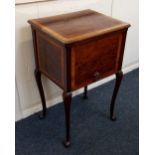 A walnut sewing box with rising top and drawer on slender cabriole legs, 41cm