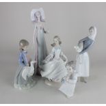 Five Lladro porcelain figures comprising Cinderella 25cm high, a lady wearing a hat 35cm, a girl