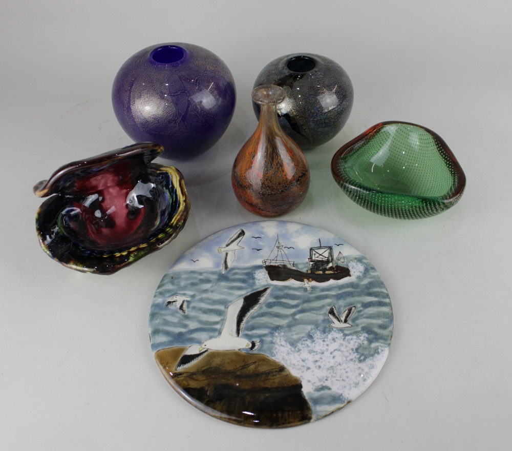 A Cobridge pottery circular plaque decorated with fishing boat and seagulls 18cm, a majolica shell