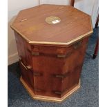 A brass mounted octagonal box with hinged top (one side handle absent) 43cm