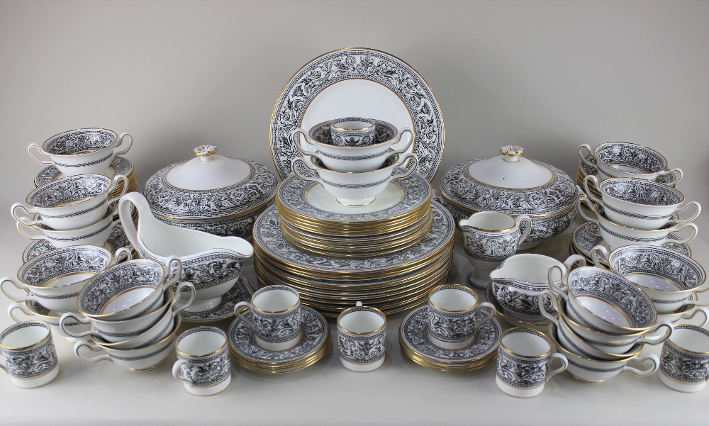 A Wedgwood porcelain 'Florentine' pattern part tea, coffee and dinner service with black