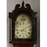 A George III oak longcase clock painted arched diai marked C Banyard, Outwell, in swan neck hood