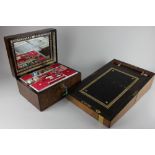 A Victorian walnut inlaid sewing box with lift-out tray and part contents, width 30cm, height