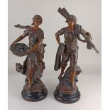 After Moreau, a pair of bronzed spelter figures of Fisherfolk; 'Return from Fishing' and 'On the