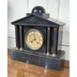 A Victorian black slate mantle clock Classical architectural case with brass mounted columns, 32cm