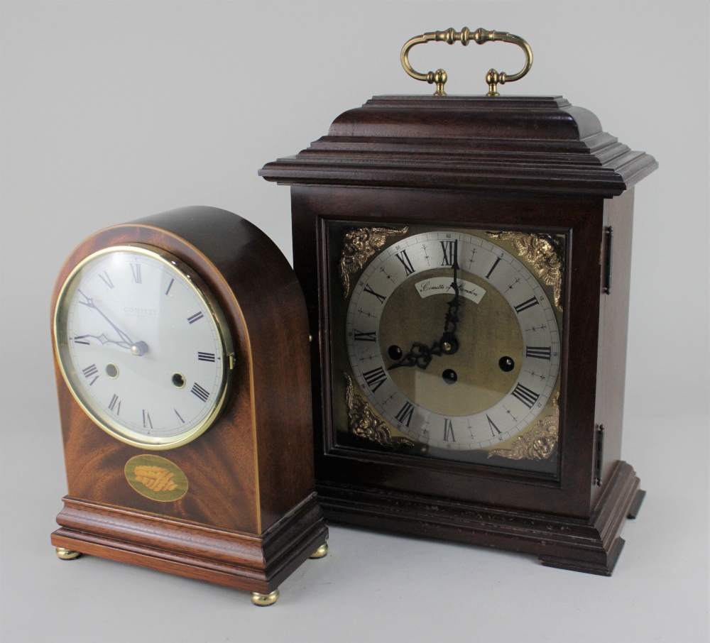 A Comitti of London mahogany chiming eight day mantle clock 32cm high, together with a Comitti