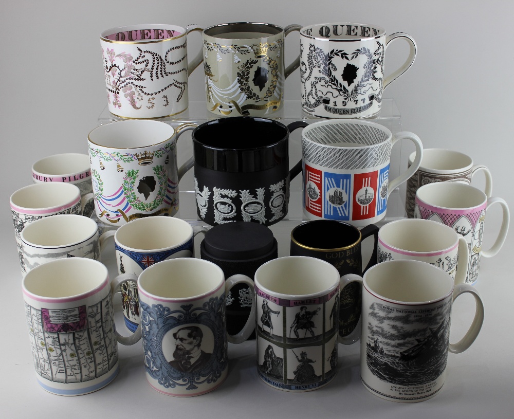 A collection of eighteen Wedgwood commemorative mugs including The Wedgwood Sporting Mug, Coronation