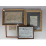 Four framed maps of Sussex to include Pieter van den Keere 9cm by 12.5cm, Herman Moll 20cm by 33cm