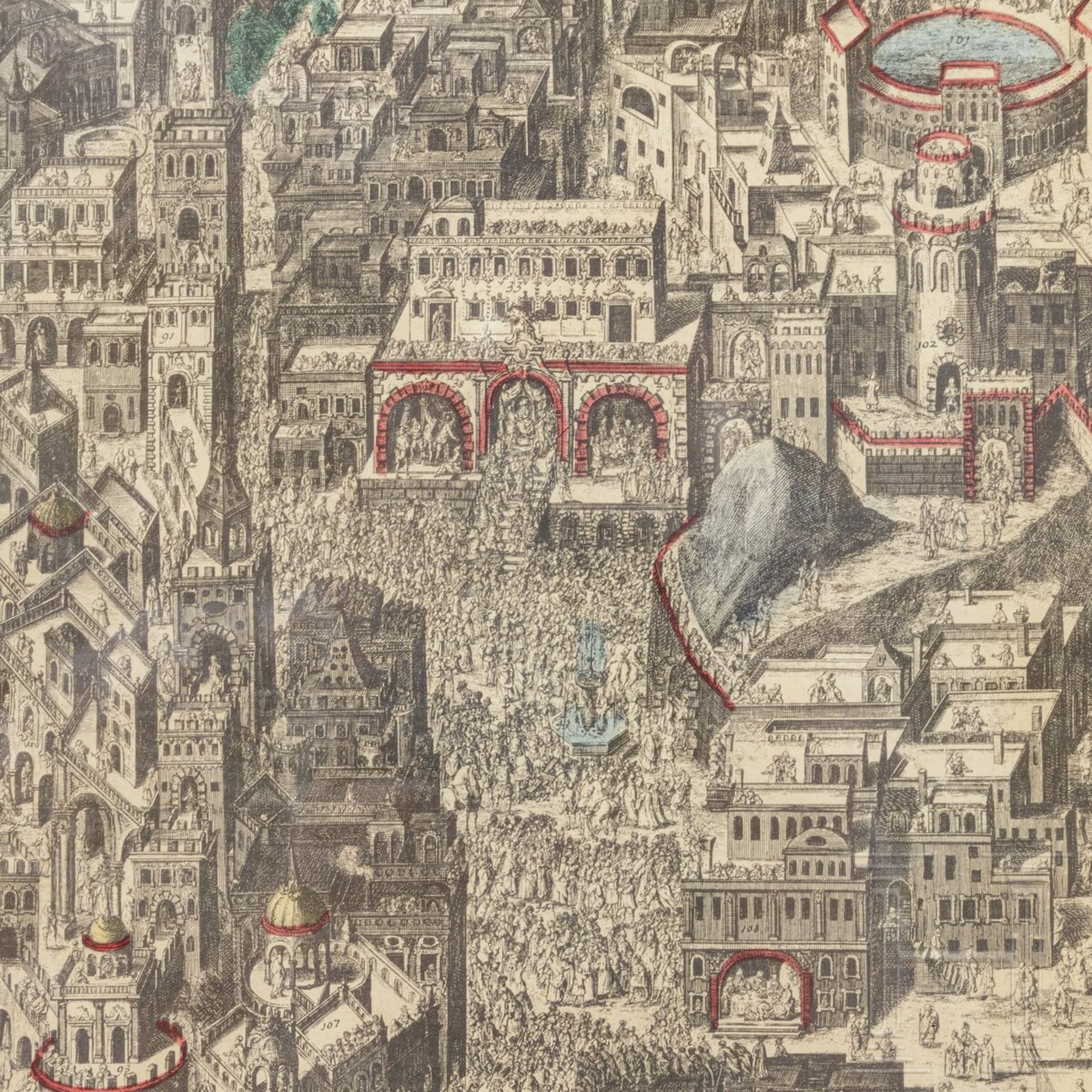 Johann Daniel Herz (1693 - 1754) - Gesamtpanorama der Stadt Jerusalem, kolorierter Kupferstich, 1735 - Image 3 of 8