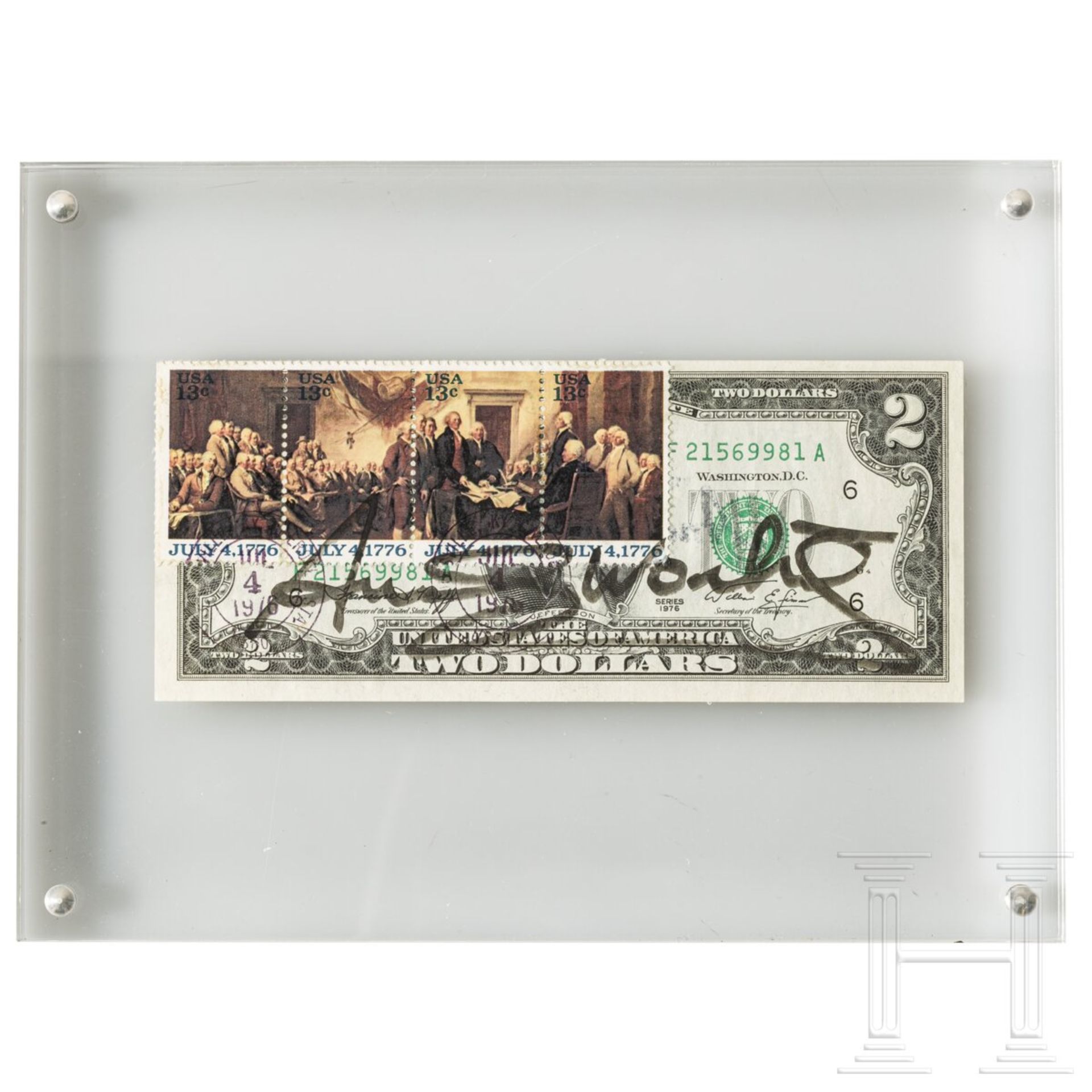 Zwei-Dollar-Banknote mit vier Briefmarken, gestempelt und signiert "Andy Warhol", 1976