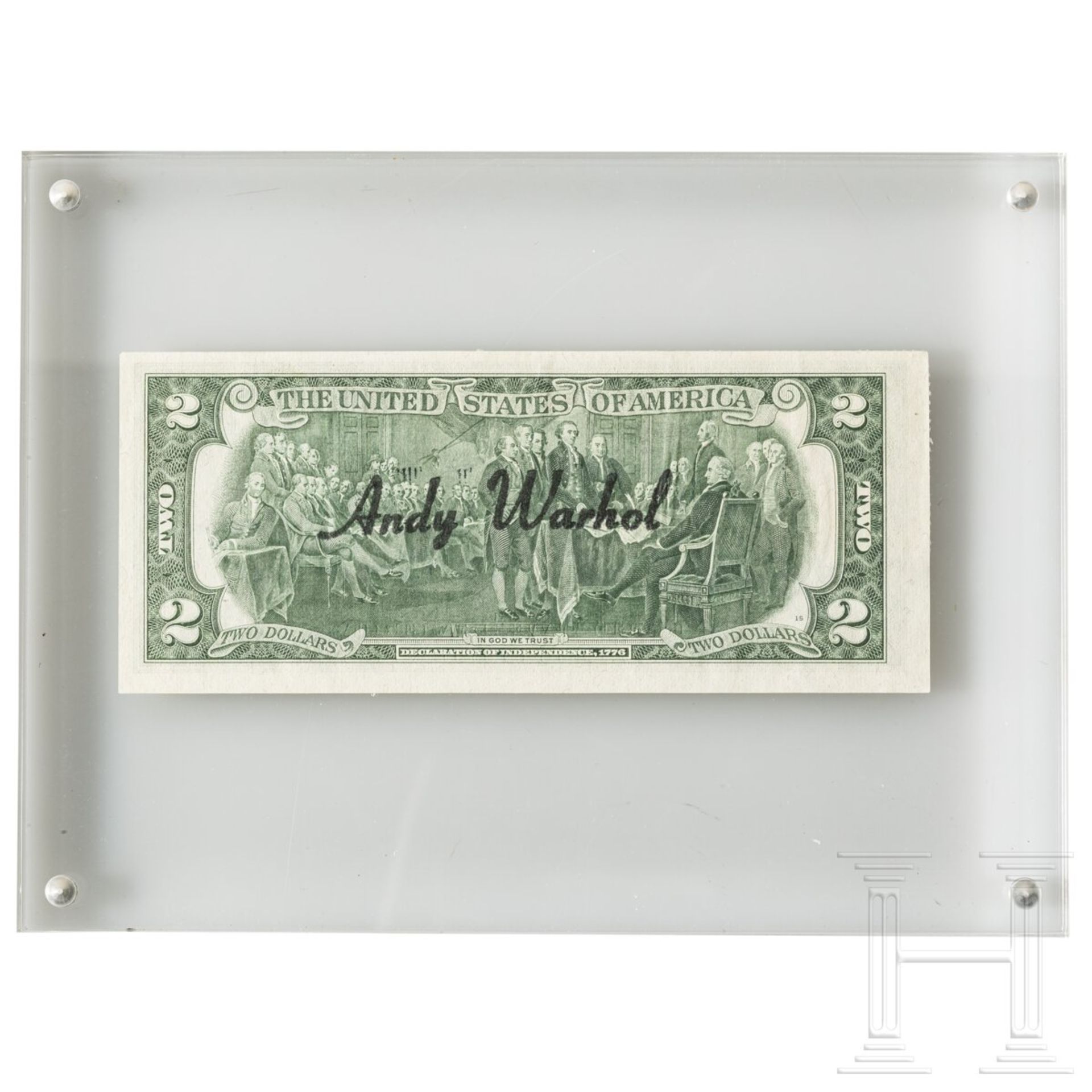 Zwei-Dollar-Banknote mit vier Briefmarken, gestempelt und signiert "Andy Warhol", 1976 - Image 2 of 3