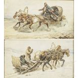 Troika-Fahrt im Sommer bzw. im Winter - zwei großformatige Aquarelle, Russland, datiert 1875