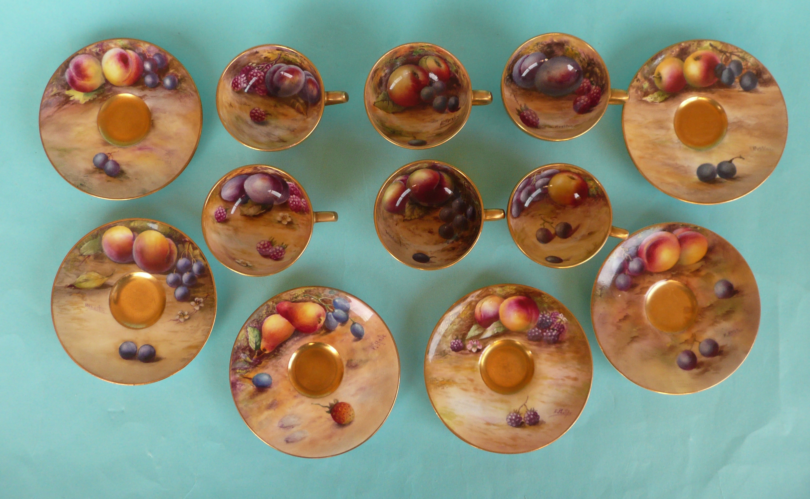 A good Royal Worcester miniature tea set comprising six cups and saucers each well painted - Image 2 of 5