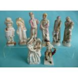 Three pairs of standing figures, a similar seated figure and a group, some restoration (8)