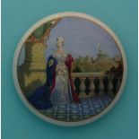 (Staffordshire Pot lid potlid Prattware) Queen Victoria on Balcony (150) white border with gilt